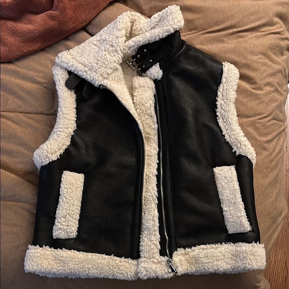 Black and Cream Shearling Vest